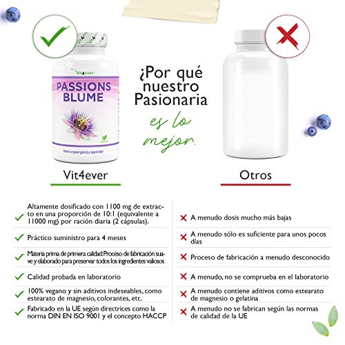 Extracto de Pasiflora - 240 Cápsulas - Premium: 1100 mg de extracto 5:1 (equivalente a 5500 mg de pasiflora) por porción diaria - Dosis extra alta - Sin aditivos indeseables - Vegano