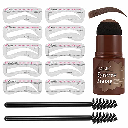 EyeBrow Stamp Kit Waterproof | One Step Eyebrow Stamp Shaping Kit | Eyebrow Stamp Stencil Kit | Eyebrow Stamp Makeup Tools with 10 Reusable Eyebrow Stencils, 2 Eyebrow Pen Brushes (Medium Brown)