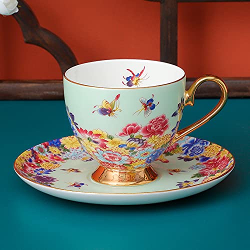 fanquare Taza de Café Colorida y Platillo con Cuchara,Taza de Mariposa de Flores, Taza de Té de Porcelana Fina, Regalos de Cumpleaños únicos, Verde