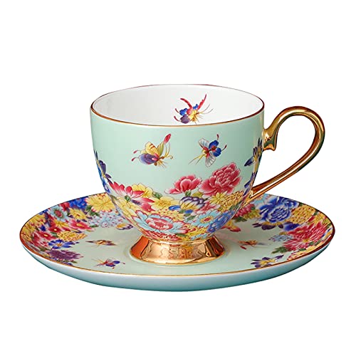 fanquare Taza de Café Colorida y Platillo con Cuchara,Taza de Mariposa de Flores, Taza de Té de Porcelana Fina, Regalos de Cumpleaños únicos, Verde