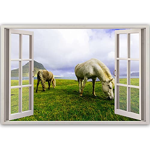 Feeby Impresión en Material Tejido no Tejido Caballos En Un Prado Roca Mar 60x40 cm Calidad fotografica Decoración De Pared Ventana Abierta Ilusión 3D Mar Verde