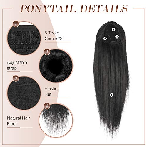 FESHFEN Coleta Postiza pelo Lisa, 35 cm Cola de Caballo Extension Cordón Larga Liso Extension Pelo Coleta Sintéticas Ponytail Drawstring Extensiones de Cabello Coleta