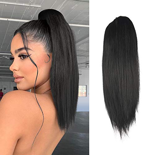 FESHFEN Coleta Postiza pelo Lisa, 35 cm Cola de Caballo Extension Cordón Larga Liso Extension Pelo Coleta Sintéticas Ponytail Drawstring Extensiones de Cabello Coleta