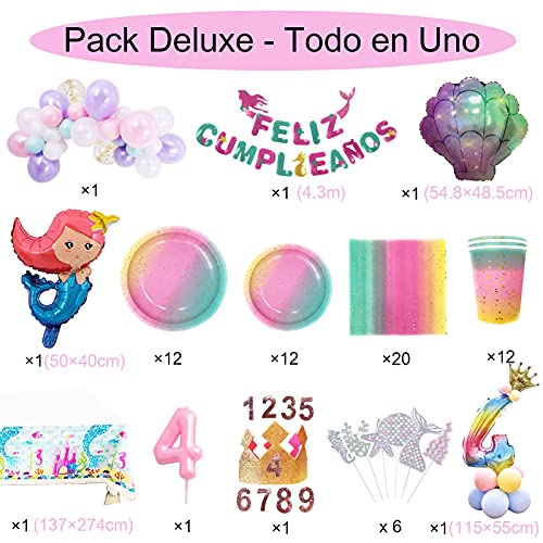 Fiesta Cotigo Pack de Artículos para Fiestas Cumpleaños 4 Años-Decoraciones de Globos y Guirnalda´Feliz Cumpleaños´,Kit de Vajilla Desechable Macaron y Accesorios de Mesa-Temática Sirena,para Niñas