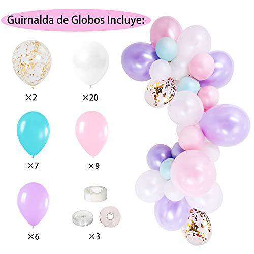 Fiesta Cotigo Pack de Artículos para Fiestas Cumpleaños 4 Años-Decoraciones de Globos y Guirnalda´Feliz Cumpleaños´,Kit de Vajilla Desechable Macaron y Accesorios de Mesa-Temática Sirena,para Niñas