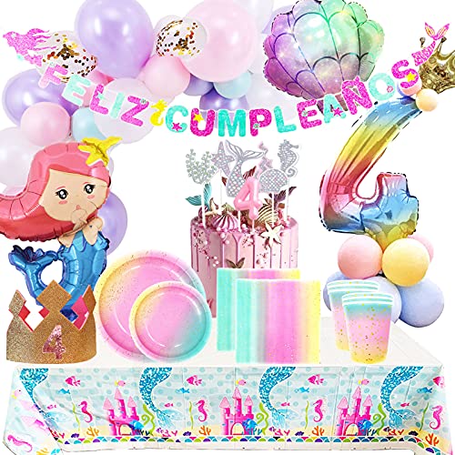 Fiesta Cotigo Pack de Artículos para Fiestas Cumpleaños 4 Años-Decoraciones de Globos y Guirnalda´Feliz Cumpleaños´,Kit de Vajilla Desechable Macaron y Accesorios de Mesa-Temática Sirena,para Niñas