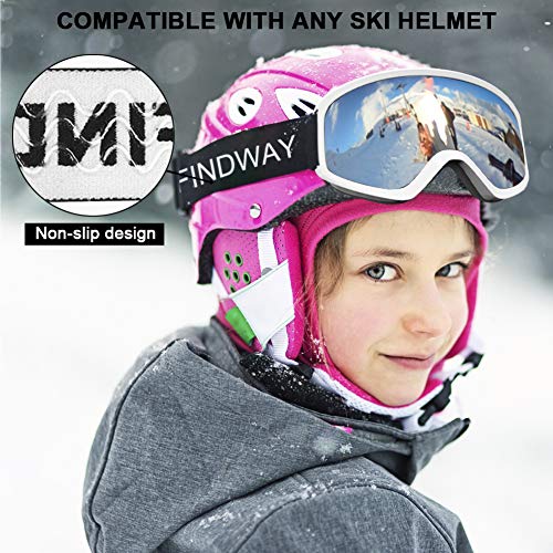 findway Gafas Esqui Niño Mascara Esqui Niño Gafas de Esqui Niño Niña OTG Ajustable para Niños Anti-Niebla Protección UV Compatible con Casco para Esquiar Snowboard (Lente Argentado (VLT 21%))