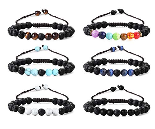 Finrezio 6 Piezas Pulsera Difusor De Roca De Lava Pulsera De Piedra Ojo De Tigre De 7 Chakras Cuentas De Yoga para Aliviar El Estrés Pulsera De Aceite Esencial De Aromaterapia Ajustable/Elástico