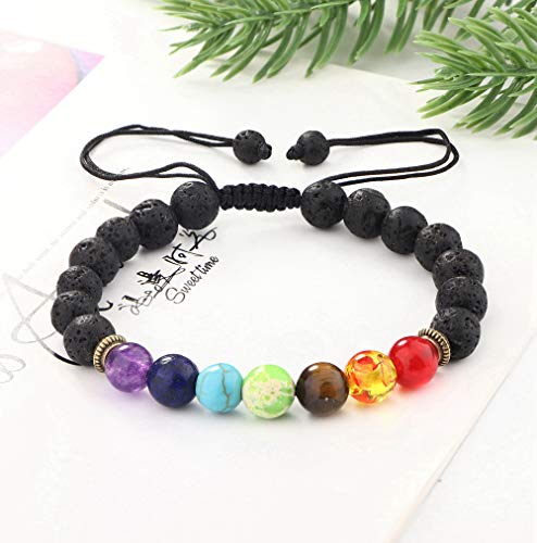 Finrezio 6 Piezas Pulsera Difusor De Roca De Lava Pulsera De Piedra Ojo De Tigre De 7 Chakras Cuentas De Yoga para Aliviar El Estrés Pulsera De Aceite Esencial De Aromaterapia Ajustable/Elástico