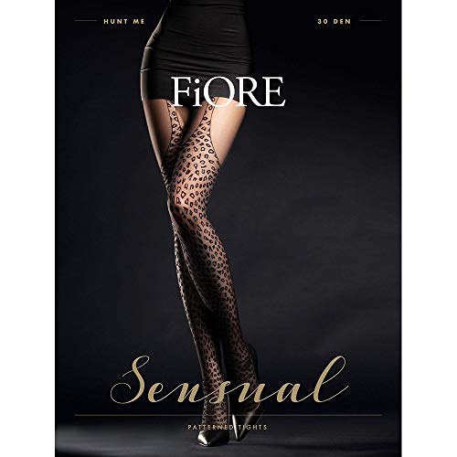 Fiore Mujeres Hunt Me Medias con Tirantes Falsos en Negro con Estampado de Leopardo - 30 Denier - Poliamida y Elastano - Grande