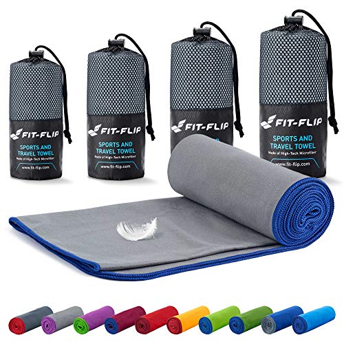 Fit-Flip Toalla Microfibra  en Todos los tamaños / 18 Colores  compacta, Ultraligera y de Secado rápido  Toalla Gym, Toalla Viaje y Toalla Piscina (70x140cm Gris - Borde Azul Oscuro)