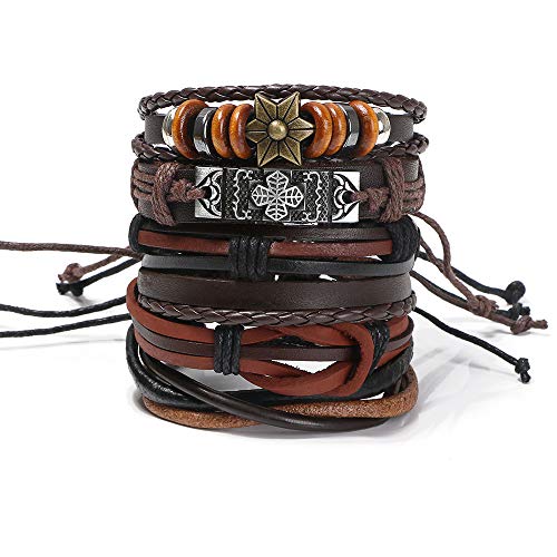 flintronic® Pulsera Hombre, 6 Piezas Personalidad Retro Tejida Pulsera de Traje de Cuero Multicapa, Pulseras Retro, Moda Pulsera de Cuero Brazalete Trenzado Roccia Punk, Ajustable (#1 Serie)