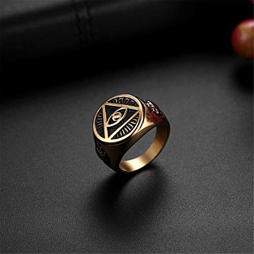 Flongo Anillo de Sello Dorado Anillo de Hombre Acero Inoxidable La Pirámide con El Ojo Que Todo Lo Ve, Anillo Ojo de Horus Egipcio, Regalo Original para Hombre Talla 22