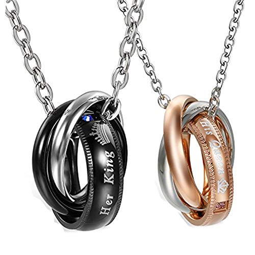 Flongo Collares de Parejas Enamorados His Queen y Her King, Colgantes de Anillos Aros de eternidad, Acero Inoxidable Collares de Hombre Mujer, Regalo de San Valentin/Navidad, 1 Par