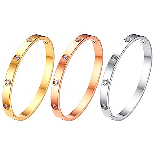 Flongo Pulsera de 3 oros plateado/oro/oro rosa para mujer, pulsera con incrustaciones de circonio en acero inoxidable, estilo sencillo, Regalos San Valentín