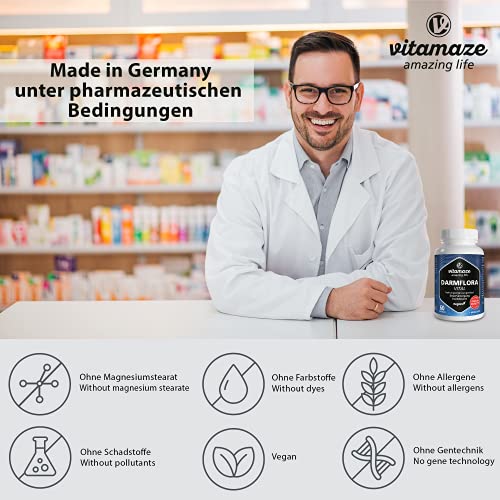 Flora Intestinal Suplemento, 60 Cápsulas Vegano Probióticas para una Cura Intestino de 1 Mes, 12 Cultivos de Bacterias Intestinales + Inulina, 16,2 Millardos de UFC al Ddía, Calidad Alemana