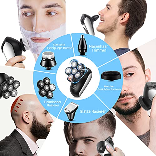 Foairs Afeitadora eléctrica para hombre con 6 cabezales de cuchillo, IPX7, resistente al agua 5 en 1, afeitadora para hombre, tipo C, recargable, indicador LED, barba, pelo de nariz, kit de cuidado