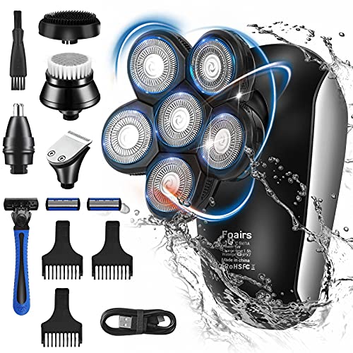 Foairs Afeitadora eléctrica para hombre con 6 cabezales de cuchillo, IPX7, resistente al agua 5 en 1, afeitadora para hombre, tipo C, recargable, indicador LED, barba, pelo de nariz, kit de cuidado