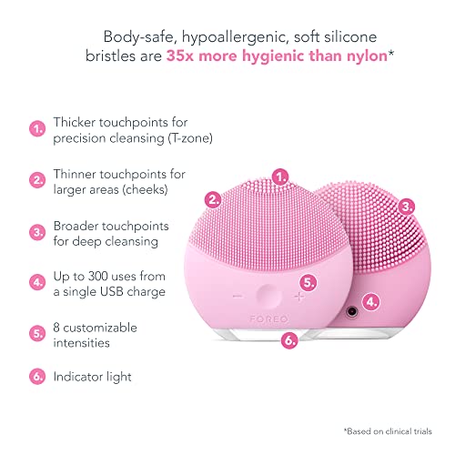 FOREO LUNA mini 2 Pearl Pink cepillo de limpieza facial para todo tipo de pieles, cabezal de 3 zonas, ultra higiénico, 8 intensidades, 300 usos por carga, impermeable, 2 años de garantía