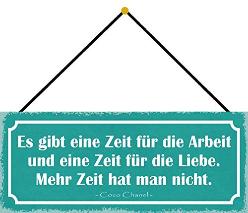 FS Hay un Tiempo para el Trabajo y un Tiempo para el Amor. No Hay más Tiempo. Cartel de Chapa de Coco Chanel de Metal encorvado, Lacado, 10 x 27 cm, con cordón
