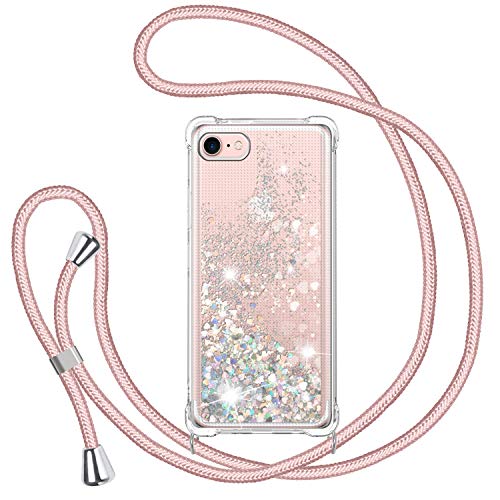 Funda con Cuerda para iPhone 7/iPhone 8/SE 2020, Carcasa Brillante Glitter Transparente Silicona TPU Protección Case con Ajustable Correa de Cuello Cadena Cordón, Caso de Arena movediza in Oro Rosa