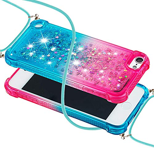 Funda con Cuerda para iPod Touch 5 / iPod Touch 6 / 7,Carcasa iPod Touch 5,Brillante Brillo Liquida Quicksand Cuello Cadena Carcasa Transparente Silicona TPU Case con Collar Correa,YB GS Pink Blue