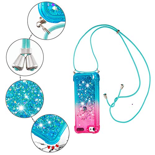 Funda con Cuerda para iPod Touch 5 / iPod Touch 6 / 7,Carcasa iPod Touch 5,Brillante Brillo Liquida Quicksand Cuello Cadena Carcasa Transparente Silicona TPU Case con Collar Correa,YB GS Pink Blue