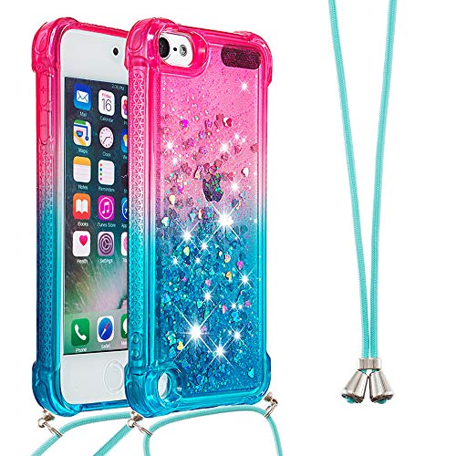 Funda con Cuerda para iPod Touch 5 / iPod Touch 6 / 7,Carcasa iPod Touch 5,Brillante Brillo Liquida Quicksand Cuello Cadena Carcasa Transparente Silicona TPU Case con Collar Correa,YB GS Pink Blue