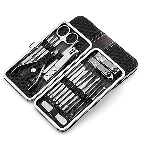 FWJSDPZ 18 unids Kit Clipper Kit Pedicure Care Set Scissor Tweezer Orí Pick Pick Utility Manicure Set Herramientas PU Funda de Cuero para Viajar a Domicilio (Color : Black)