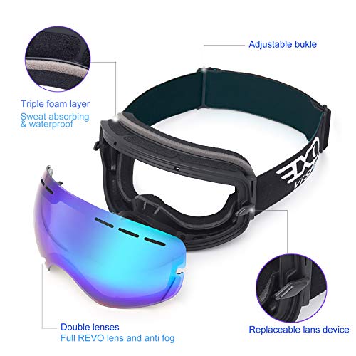 Gafas de esquí y snowboard para hombres y mujeres jóvenes, anti niebla OTG, de lentes esféricas desmontable desechables