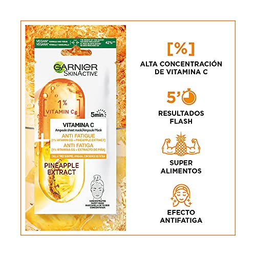 Garnier - Ampoule mask pack x4 mascarilla de tejido reafirmante con ácido hialurónico & sandía y mascarilla de tejido anti fatiga con vitamina cg & piña