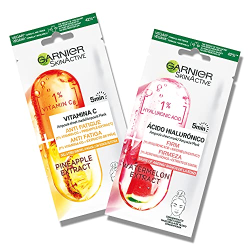 Garnier - Ampoule mask pack x4 mascarilla de tejido reafirmante con ácido hialurónico & sandía y mascarilla de tejido anti fatiga con vitamina cg & piña