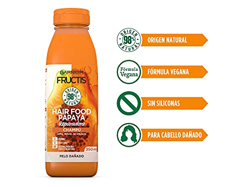 Garnier Fructis Hair Food Champú Papaya Reparadora, indicado para Pelo Dañado - Pack de 4 x 350 ml