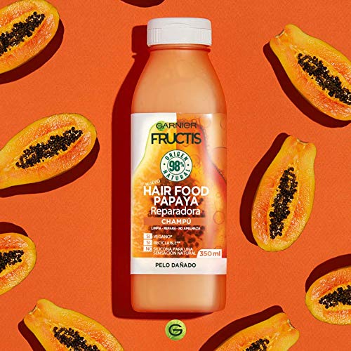 Garnier Fructis Hair Food Champú Papaya Reparadora, indicado para Pelo Dañado - Pack de 4 x 350 ml