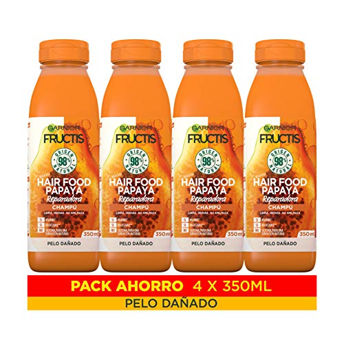 Garnier Fructis Hair Food Champú Papaya Reparadora, indicado para Pelo Dañado - Pack de 4 x 350 ml