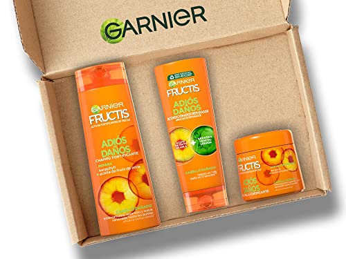 Garnier Fructis Pack Champú y Acondicionador y Mascarilla para Pelo Dañado, con Aceite de Fruto de Amla, Limpia, Repara y Forfitica el cabello desde el interior, Adiós Daños, Set de 3 Productos