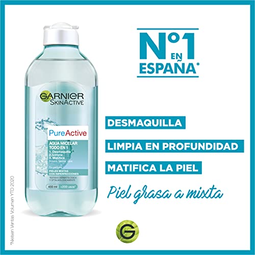 Garnier Pure Active - Pack x3 agua micelar desmaquilla, limpia y matifica para pieles mixtas con imperfecciones, 3x 400ml