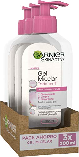 Garnier Skin Active Gel Micelar Limpiador facial, Limpia y Reconforta la piel, Para Todo Tipo de Pieles, Pack x 3, 200 ml