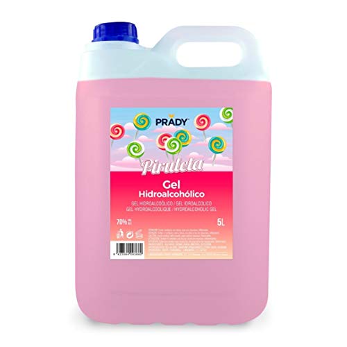 Gel Hidroalcohólico olor Piruleta 5 litros Prady - Fabricado en España - 70% de Alcohol con Dosificador - Niños Aroma Golosinas Perfumado Fragancia Desinfectante Manos Bactericida Dispensador Hidrogel