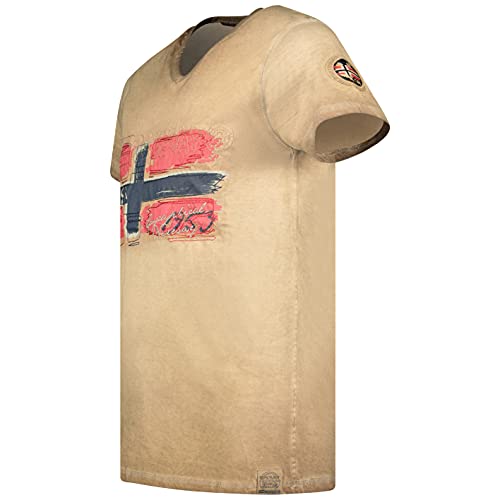 Geographical Norway JOASIS Men – Camiseta de algodón para Hombre, Casual, Estampado con Logotipo Impreso de Manga Corta – Cuello en V – Corte Ajustado para Hombre (Beige, L)