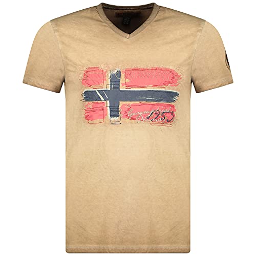 Geographical Norway JOASIS Men – Camiseta de algodón para Hombre, Casual, Estampado con Logotipo Impreso de Manga Corta – Cuello en V – Corte Ajustado para Hombre (Beige, L)