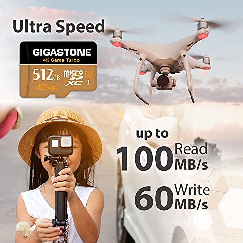 Gigastone 512GB Tarjeta de Memoria Micro SD, Vídeo 4K UHD Game Turbo, Ejecutar Aplicación A2, Nintendo Switch, 100MB/80/s Lec/Esc, UHS-I U3 C10