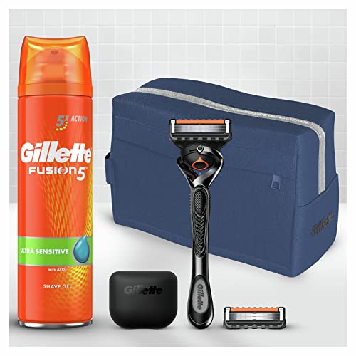 Gillette ProGlide Máquina De Afeitar Para Hombre, Con 5 Hojas Antifricción Para para un apurado y confort imbatibles- 2 Recambios, Gel de Afeitar Ultra Sensitive 200ml, Neceser de Regalo