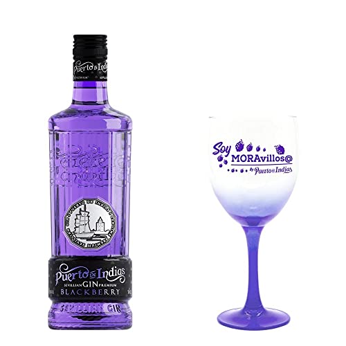 Gin Puerto de Indias - Pack Gin Blackberry Premium + Copa de Cristal con mensaje de Regalo - Ginebra de Moras Premium - Kit Ginebra de Mora con Copa de cristal - 70 cl - 37.5%