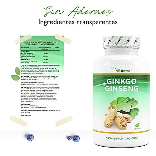 Ginkgo + Ginseng - 365 Comprimidos - Extracto especial - Alta dosis - Ginkgo Biloba + Ginseng coreano - Vegano