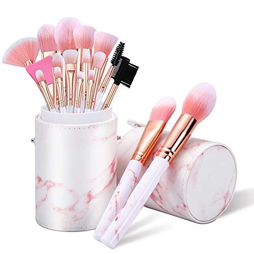 Glamour Gaze - Juego de 16 brochas de maquillaje de mármol rosa con base sintética de primera calidad, para base de ojos, corrector, colorete de cejas,de maquillaje y cepillo de silicona para máscara