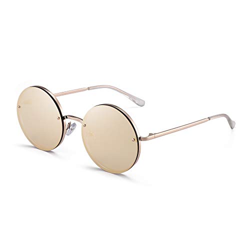 GLINDAR Gafas de Sol Redondas Retro Para Hombres y Mujeres Gafas de Sol Circulares Hippie Marco Dorado / Lente Rosa Espejada