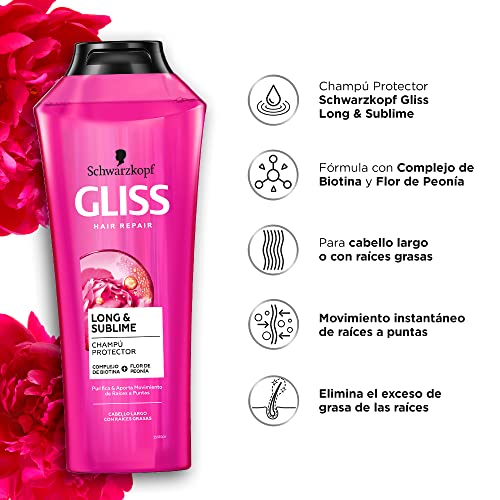 Gliss - Champú para pelo largo con raíces grasas - Long&Sublime - 6uds de 370ml (2.220ml) - Gama protectora