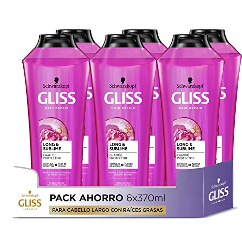 Gliss - Champú para pelo largo con raíces grasas - Long&Sublime - 6uds de 370ml (2.220ml) - Gama protectora