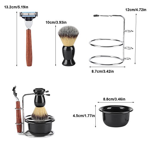 GLOGLOW Kit de cepillos de Afeitar Rosewood Profesional de 4 Piezas para Hombres, Que Incluye Soporte Manual de Acero Razor + Stainess + Set de cepillos + tazones